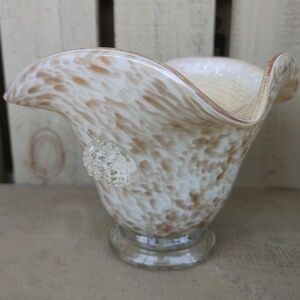 Murano Vase Bowl Glass Triangular Dish Copper Aventurine Swirls Ruffled Edge